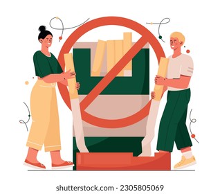 No smoking concept. Man and woman next to crossed out pack of cigarettes. Refusal of tobacco and bad habits, healthy lifestyle. Fight against nicotine. Cartoon flat vector illustration