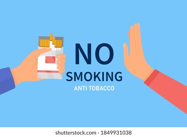 No smoking concept. Stop smoking concept. Persons hand refusing cigarette from the box. Quit bad habit and reject tobacco offer. Flat cartoon illustration