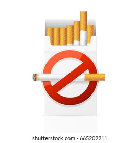 No Smoking Concept Stop Sign with Full White Cigarette Pack. Vector illustration