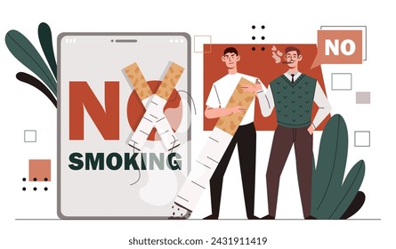 Concepto de no fumar. Dos hombres con cigarrillos cerca de un smartphone. Rechazo del tabaco y la nicotina. Estilo de vida saludable sin malos hábitos. Ilustración plana del vector de la historieta aislada sobre fondo blanco