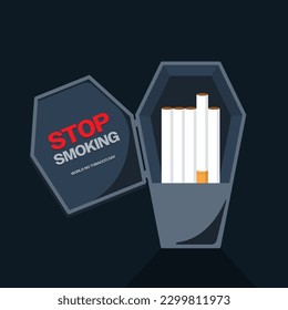 No smoking concept for world no tobacco day campaign with cigarette in coffin flat design style, vector illustration