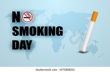 No smoking day concept. Design with cigarette and world map background. vector.