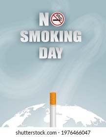 No smoking day concept. Design with cigarette and world map background. vector.
