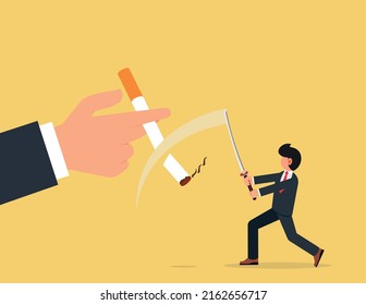 No Smoking Day, May 31st World No Tobacco Day. Stop Smoking Campaign, businessman uses a sword to cut the cigarette he is handed. 