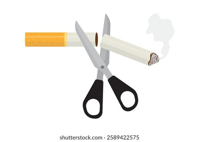 No Smoking Day. Scissors cutting cigarette in half design concept. Quit smoking and World No Tobacco Day. Reject tobacco. nicotine restrictions. Quitting a bad habit. flat vector illustration