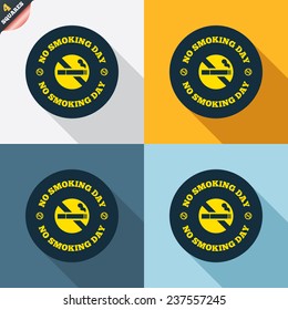 No smoking day sign icon. Quit smoking day symbol. Four squares. Colored Flat design buttons. Vector