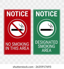 No smoking and designated smoking area notice signs. Vector signs on a checkered background