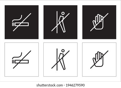 no smoking, do not lean on, do not touch icons. pictogram set. prohibition sign. 