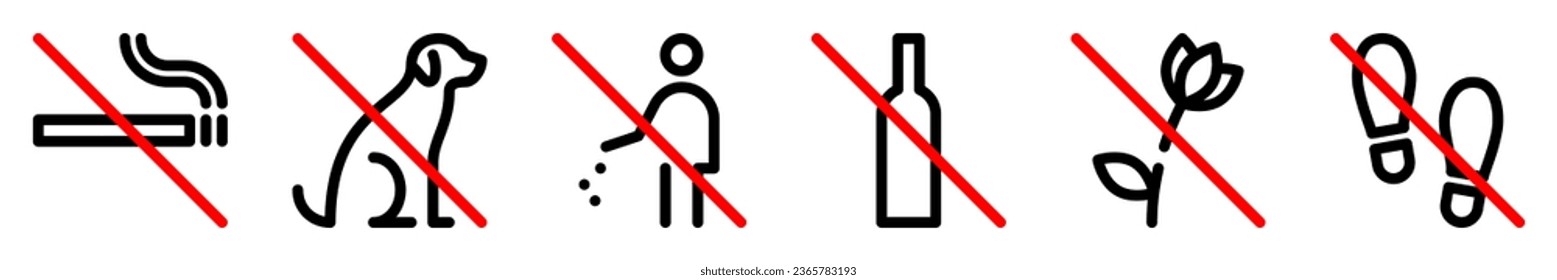 No smoking, dogs, trash, alcohol line icons. Do not pick flowers and walk on lawn outline signs isolated on white background. Prohibition pictograms in linear style. Editable stroke. Vector graphics