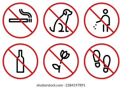 No smoking, dogs, trash, alcohol line icons. Do not pick flowers and walk on lawn outline signs. Editable stroke. Vector graphics