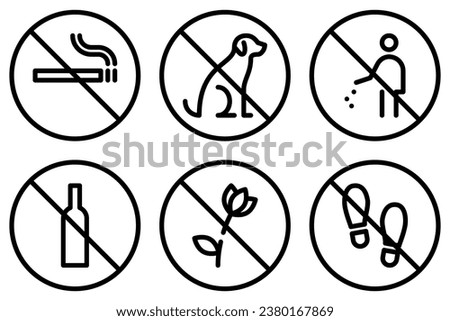 No smoking, dogs, trash, alcohol line icons. Do not pick flowers and walk on lawn outline signs isolated on white background. Prohibition pictograms in linear style. Editable stroke. Vector graphics 商業照片 © 