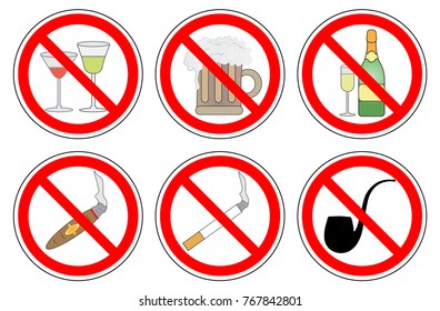 No smoking and drinking alcohol, set of prohibition sign, vector.