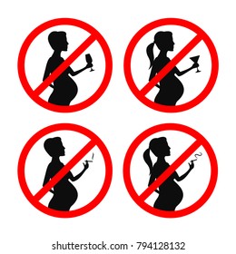No smoking and drinking during pregnancy signs set. Prohibition, crossed out red sign. Vector vintage illustration.