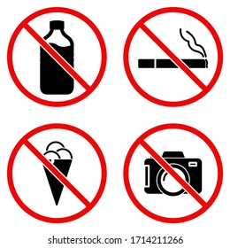 No smoking, no drinking, no photo and no ice cream forbidding icon in trendy flat style design. Vector illustration isolated on white background.