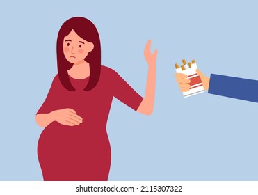 No Smoking During Pregnancy. Pregnant Woman Refuse Cigarettes For Good Health.