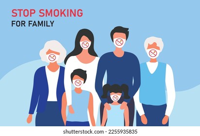 No smoking for family concept, family wearing face mask with stop smoking sign symbol vector illustration