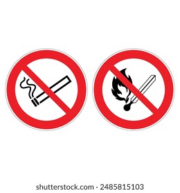  No fumar, No hay fuegos; Fuego, fuentes de llama abiertas y no fumar signo, sobre fondo blanco