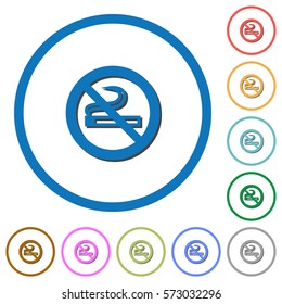 No smoking flat color vector icons with shadows in round outlines on white background