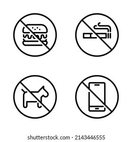 No smoking, No food, No pets and No mobile phone prohibited. Outline style. Vector. Isolate on white background.