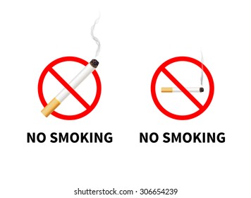 No smoking forbidden signs with realistic cigarette with smoke, isolated on white.