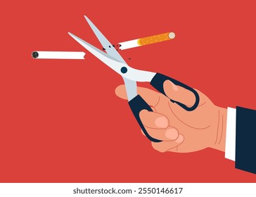 No smoking. Hand uses scissors to cut cigarette out. Flat vector illustration.