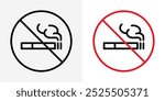 No smoking icon. No smoking area sign. Stop cigarette smoke vector illustration. Nicotine warning banner. Tobacco prohibition label. Non smoke room. Bad habit addiction sticker. Danger area red sign.