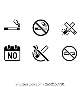 Não Fumar Ícone Definir Negrito Glifos Negros Símbolos de Proibição Gráficos de Cigarro Calendário Design