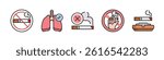 No smoking icon set with stop sign, text, lungs, cigarette and tobacco. Editable stroke and flat vector isolated on white background.