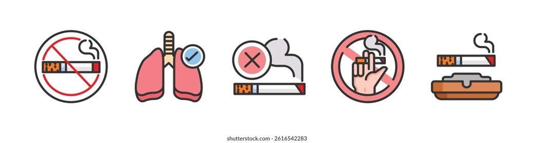 No smoking icon set with stop sign, text, lungs, cigarette and tobacco. Editable stroke and flat vector isolated on white background.