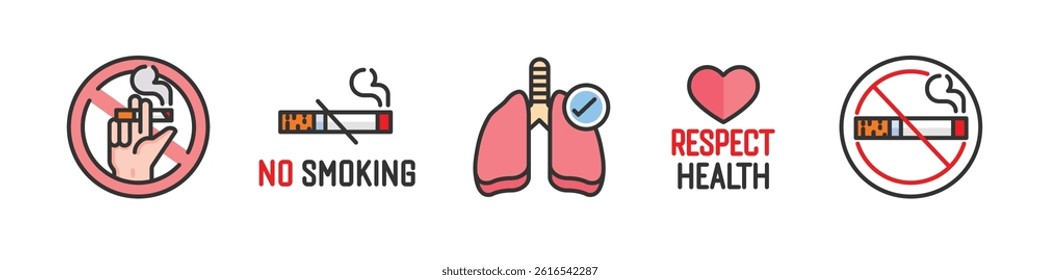 No smoking icon set with stop sign, text, lungs, cigarette and tobacco. Editable stroke and flat vector isolated on white background.