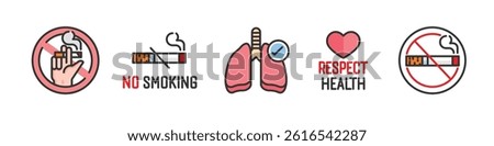 No smoking icon set with stop sign, text, lungs, cigarette and tobacco. Editable stroke and flat vector isolated on white background.
