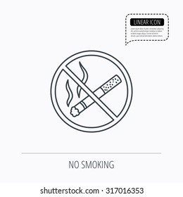 No smoking icon. Stop smoke sign. Linear outline icon. Speech bubble of dotted line. Vector