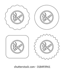 No smoking icon. Stop smoke sign. Flat circle, star and emblem buttons. Labels design. Vector
