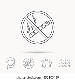 No smoking icon. Stop smoke sign. Global connect network, ocean wave and chat dialog icons. Teamwork symbol.