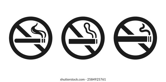 No Smoking icons collection for safety notices, public awareness campaigns, signs, banners, posters, and digital designs. Cigarette icon for no tobacco use vector.