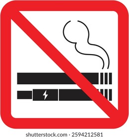 No smoking, including cigarettes and vaping devices symbol, with a red line through images of both on white background.