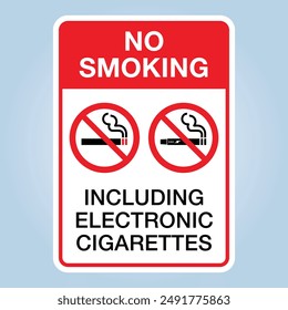 NO SMOKING INCLUDING ELECTRONIC CIGARETTES sign. Editable EPS 10 Vector illustration isolated on white background.