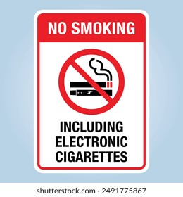 NO SMOKING INCLUDING ELECTRONIC CIGARETTES sign. Editable EPS 10 Vector illustration isolated on white background.