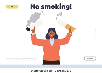 No smoking landing page design template with happy satisfied woman character breaking cigarette