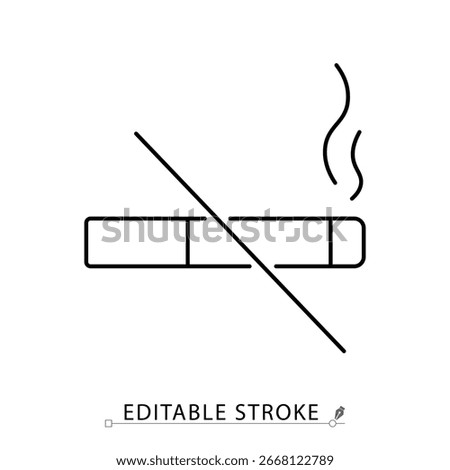 No smoking line icon with editable stroke. Vector outline symbol showing prohibited cigarette with diagonal line. Minimalist warning, restriction, health, safety and public area concept.