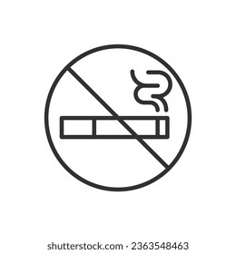 No smoking, linear icon. A cigarette with smoke and a prohibition sign. Line with editable stroke