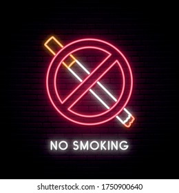 No smoking neon sign. Fuming cigarette with smoke in red circle. Neon signboard with prohibition of smoking. Vector illustration.