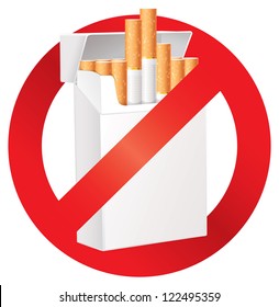 No smoking. On the dangers of smoking. Cigarette pack. Prohibitory sign. Isolated on white background. Vector illustration eps 10