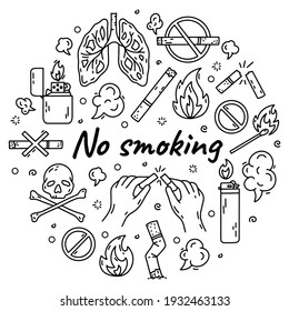 No smoking outline vector set in doodle style, hand drawing. The concept of bad habits with cigarettes, tobacco and vape.
