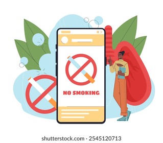 Proibido fumar no telefone. Mulher próxima ao celular sem faixa para fumar. Estilo de vida saudável e luta contra maus hábitos. Vício da nicotina e do cigarro. Ilustração de vetor plano