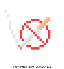 No Smoking Pixel Sign. Crossed Out Burning Cigarette In 8bit Pixelated Red Circle. Ban On Use Of Marijuana In Public Vector Places.