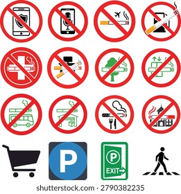 No smoking and public facility icon set. No smoking cigarettes allowed in bus, warehouse, and restaurant, with shopping cart, parking lot, and pedestrian crossing symbols.