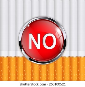 NO smoking. Red glass icon on Cigarettes as a background.