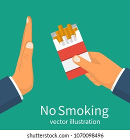 No smoking. Reject cigarette offer. Anti tobacco concept. Cigarette pack in his hand. Hand gesture to reject the proposal smoke. Vector illustration flat design.