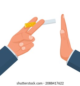 No smoking. Reject cigarette offer. Anti tobacco concept. Cigarette pack in his hand. Hand gesture to reject the proposal smoke. Vector illustration flat design.